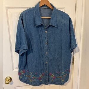 Kaktus Plus Denim Shirt With Southwestern/Native American Design Size 2X
